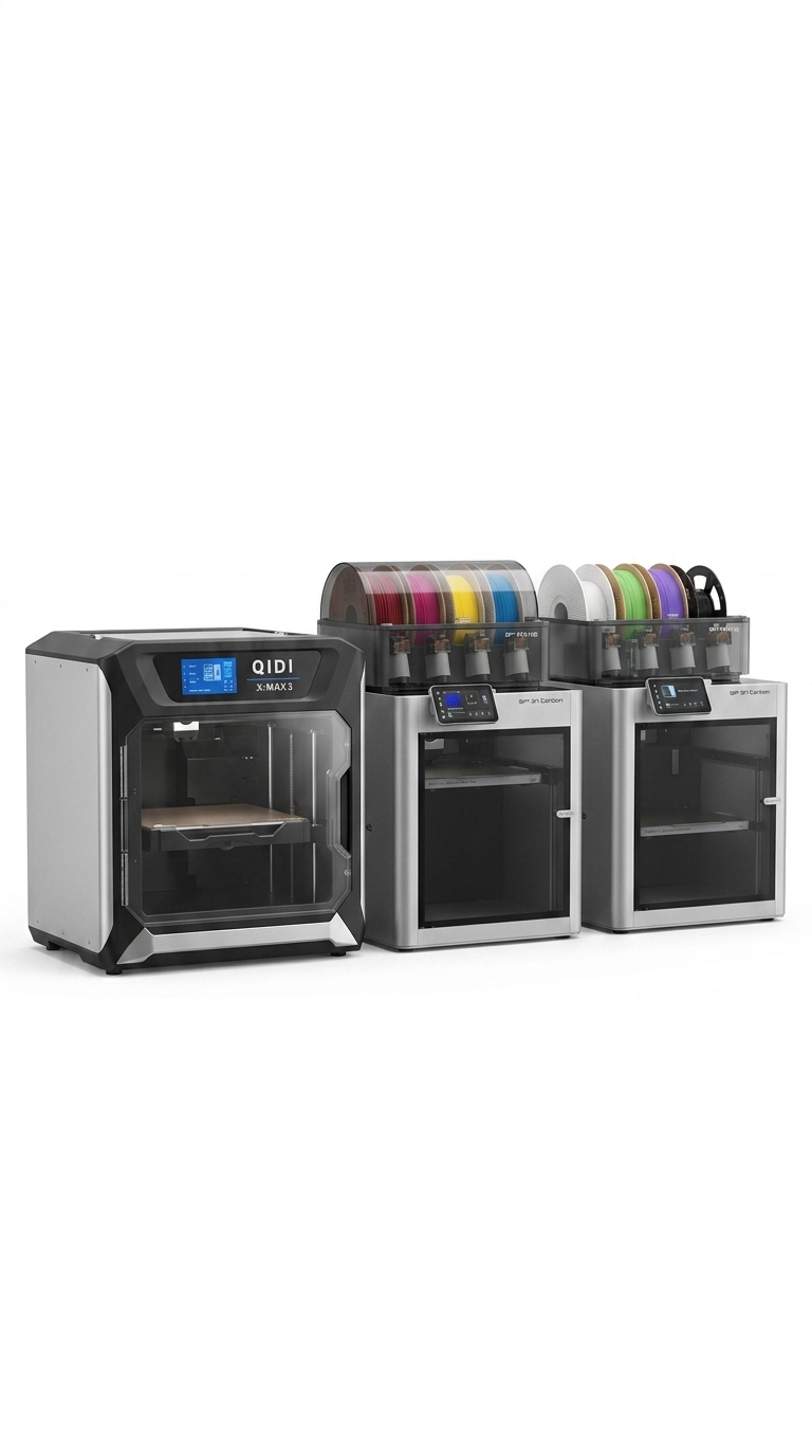 L&R Precision Engineering 3D printer fleet — QIDI X-Max 3 and two Bambu Lab X1 Carbon with AMS
